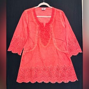 Parsley & Sage Vibrant Coral Top long line embroidered L boho hippie coastal